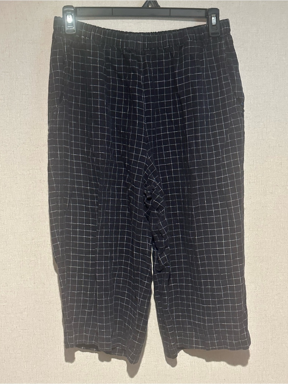 Flax Medium Black White Windowpane Cropped Linen Pants
